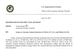[ai] A memorandum dated June 16, 2021, from Vanita Gupta, Associate Attorney General, regarding the impact of Attorney General decisions in immigration matters. The document outlines the vacated decisions and instructions for Immigration Judges.